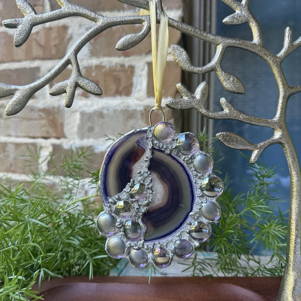 VTG Purple‎ Agate Slice Ornament 5x4 Inch Druzy Crystals Iridescent Glass Rare